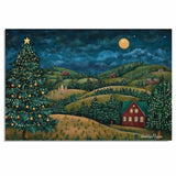 Christmas Eve with Glowing Lights Across Rolling Hills, Cozy Cabins, and a Majestic Tree Under a Starry Moonlit Sky on Ready to Hang 1.5" Thick Canvas Wrap, Floating Framed Canvas, Flat Rolled Canvas