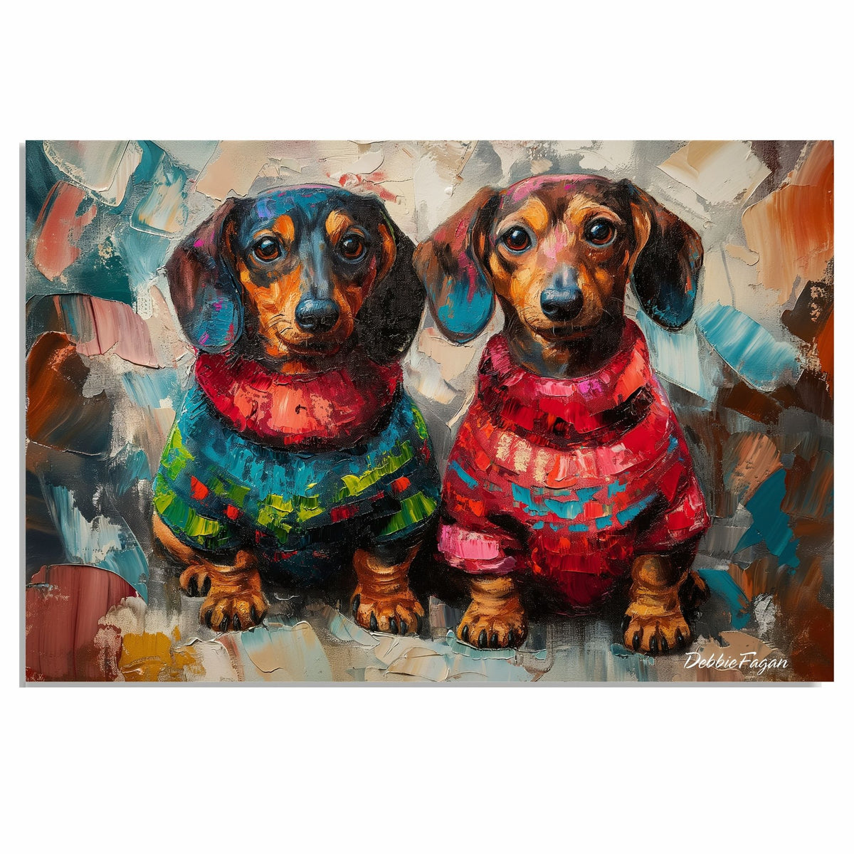 Dachshund Christmas Canvas - "Wiener Doxie Duo Charm" - Cozy Sweater Pair on Abstract Oil-Style Background on Ready to Hang 1.5" Thick Canvas Wrap, Floating Framed Canvas, Flat Rolled Canvas