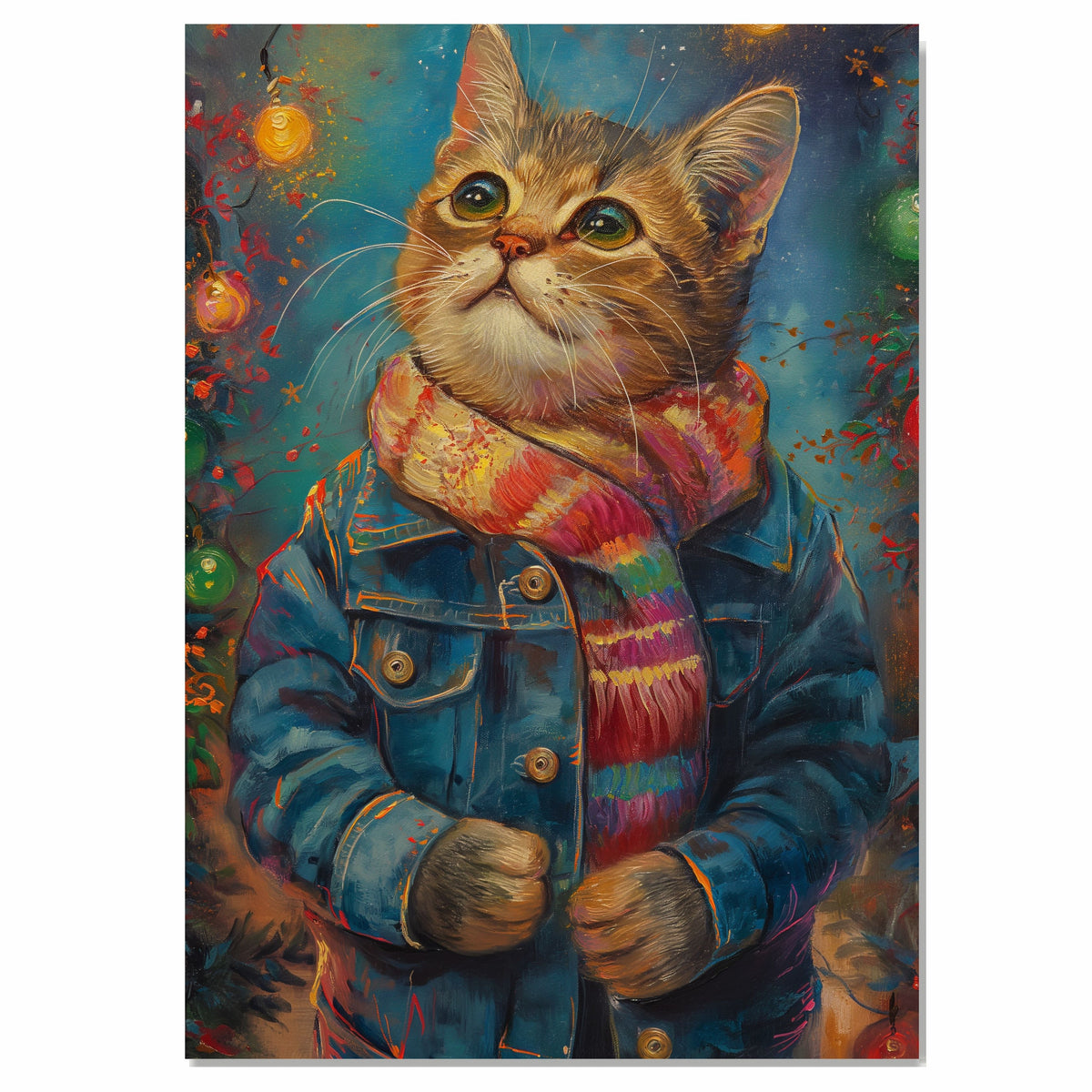 Christmas Kitten in Scarf and Jacket Adorable Holiday Cat Painting Festive Winter Scene Perfect for Cozy Home Office Seasonal Decoration or Christmas Gift on Ready to Hang 1.5" Thick Canvas Wrap, Floating Framed Canvas, Flat Rolled Canvas