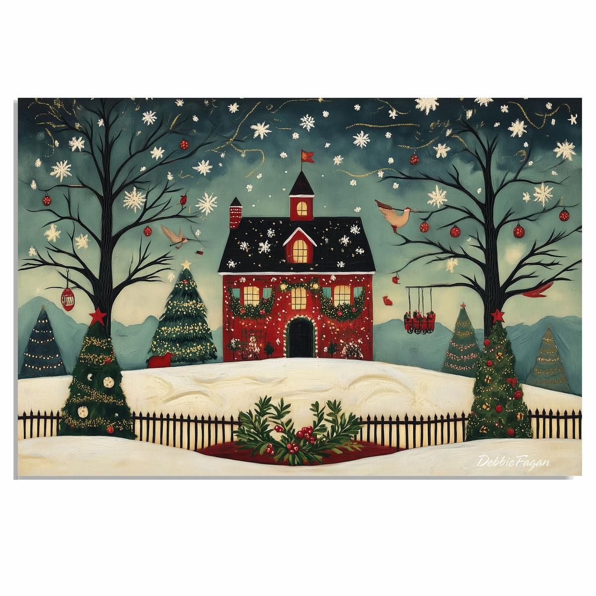 Whimsical Christmas Folk Art of Red House, Decorated Trees, Snowflakes, and Birds in a Peaceful Winter Wonderland on Ready to Hang 1.5" Thick Canvas Wrap, Floating Framed Canvas, Flat Rolled Canvas