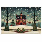 Whimsical Christmas Folk Art of Red House, Decorated Trees, Snowflakes, and Birds in a Peaceful Winter Wonderland on Ready to Hang 1.5" Thick Canvas Wrap, Floating Framed Canvas, Flat Rolled Canvas