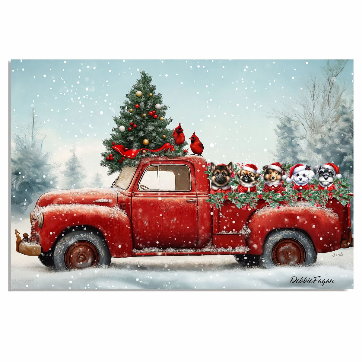 Christmas Canvas - "Santa Paws Parade" - Adorable Dogs Dressed in Festive Costumes on Vintage Red Pickup Truck on Ready to Hang 1.5" Thick Canvas Wrap, Floating Framed Canvas, Flat Rolled Canvas