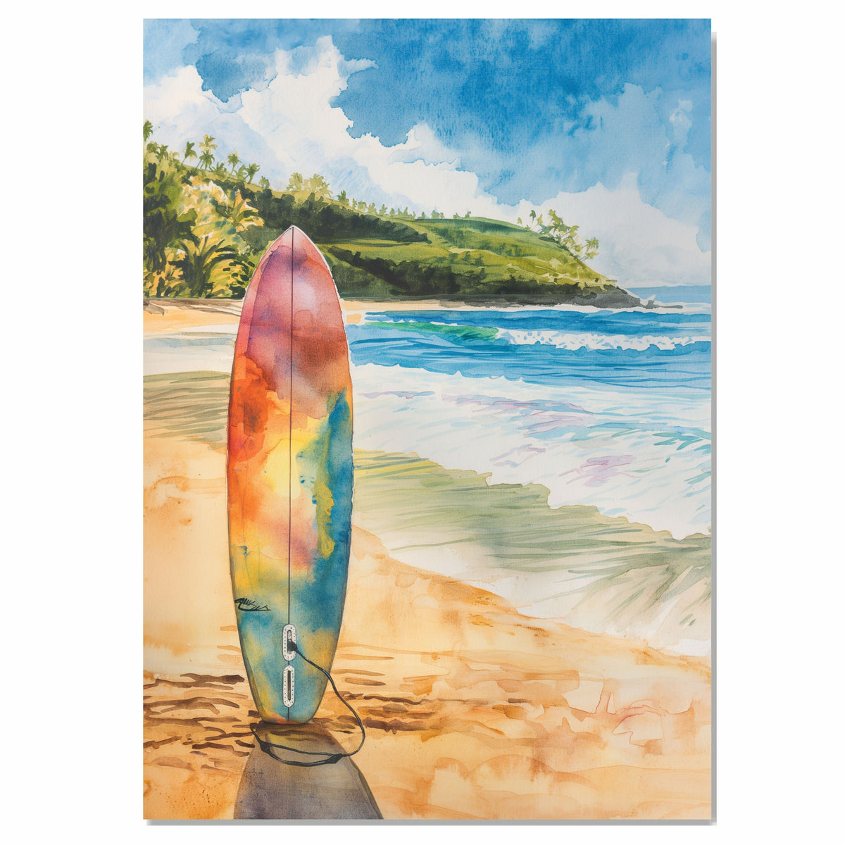 Watercolor Painting of a Multicolored Surfboard on a Sunny Beach with Ocean Waves and Palm-Covered Green Hills in the Background on Ready to Hang 1.5" Thick Canvas Wrap, Floating Framed Canvas, Flat Rolled Canvas