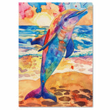 Watercolor Painting of Colorful Dolphin on Sandy Shore with Ocean Waves and Sunset Sky in Bright Orange Blue and Pink Hues on Ready to Hang 1.5" Thick Canvas Wrap, Floating Framed Canvas, Flat Rolled Canvas