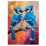 Blue Jay Bird Pair Perched on Branch in Vivid Artistic Detail with Bright Orange and Pink Abstract Background Ideal for Bird Lovers and Nature Enthusiasts on Ready to Hang 1.5" Thick Canvas Wrap, Floating Framed Canvas, Flat Rolled Canvas