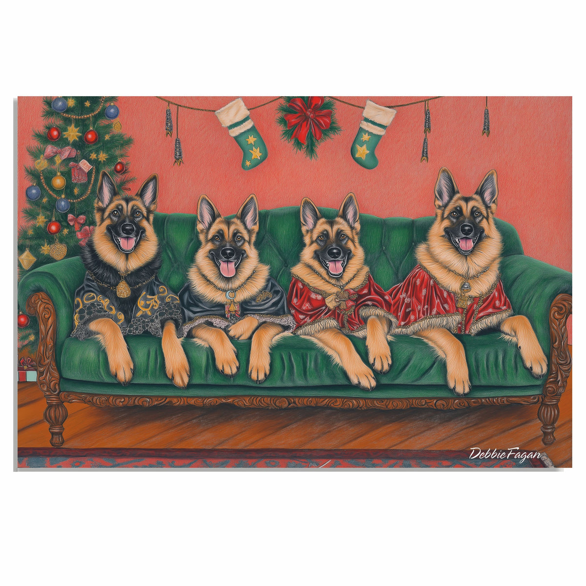 Dog Christmas Canvas - "Victorian Yuletide Splendor" - Majestic German Shepherds Amidst a Festive Winter Wonderland on Ready to Hang 1.5" Thick Canvas Wrap, Floating Framed Canvas, Flat Rolled Canvas