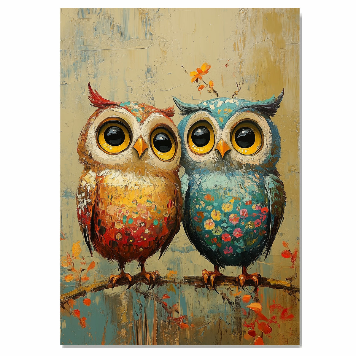 Vibrant Painting of Two Cute Owls with Big Eyes and Floral Patterns Sitting on a Branch in a Whimsical Textured Style on Ready to Hang 1.5" Thick Canvas Wrap, Floating Framed Canvas, Flat Rolled Canvas