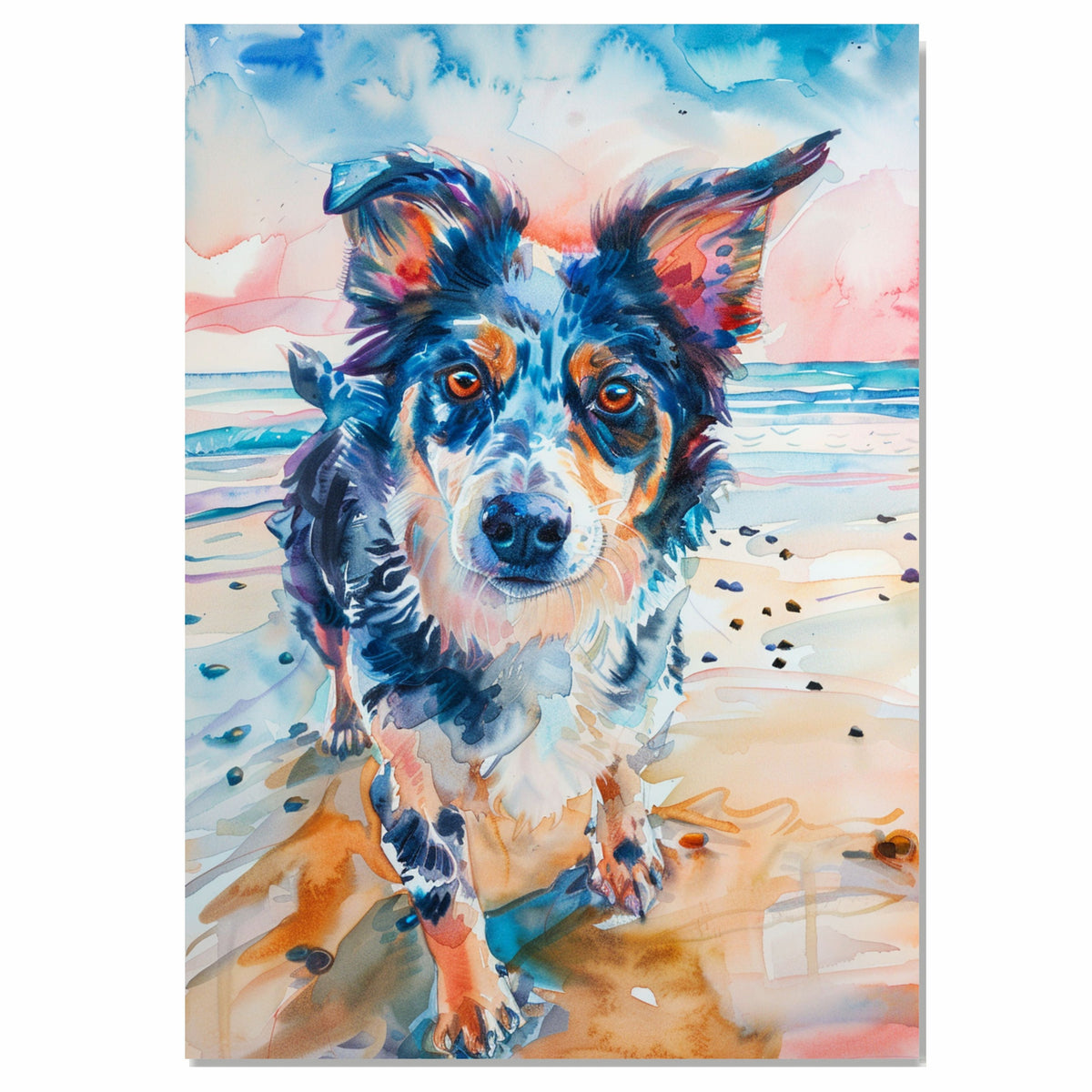 Watercolor Painting of a Multicolored Dog on the Beach – Energetic Coastal Pet Art Print in Vibrant Colors on Ready to Hang 1.5" Thick Canvas Wrap, Floating Framed Canvas, Flat Rolled Canvas