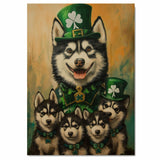 Lucky Paws: Siberian Husky with Adorable Puppies Dressed in St. Patrick's Day Outfits on Ready to Hang 1.5" Thick Canvas Wrap, Floating Framed Canvas, Flat Rolled Canvas