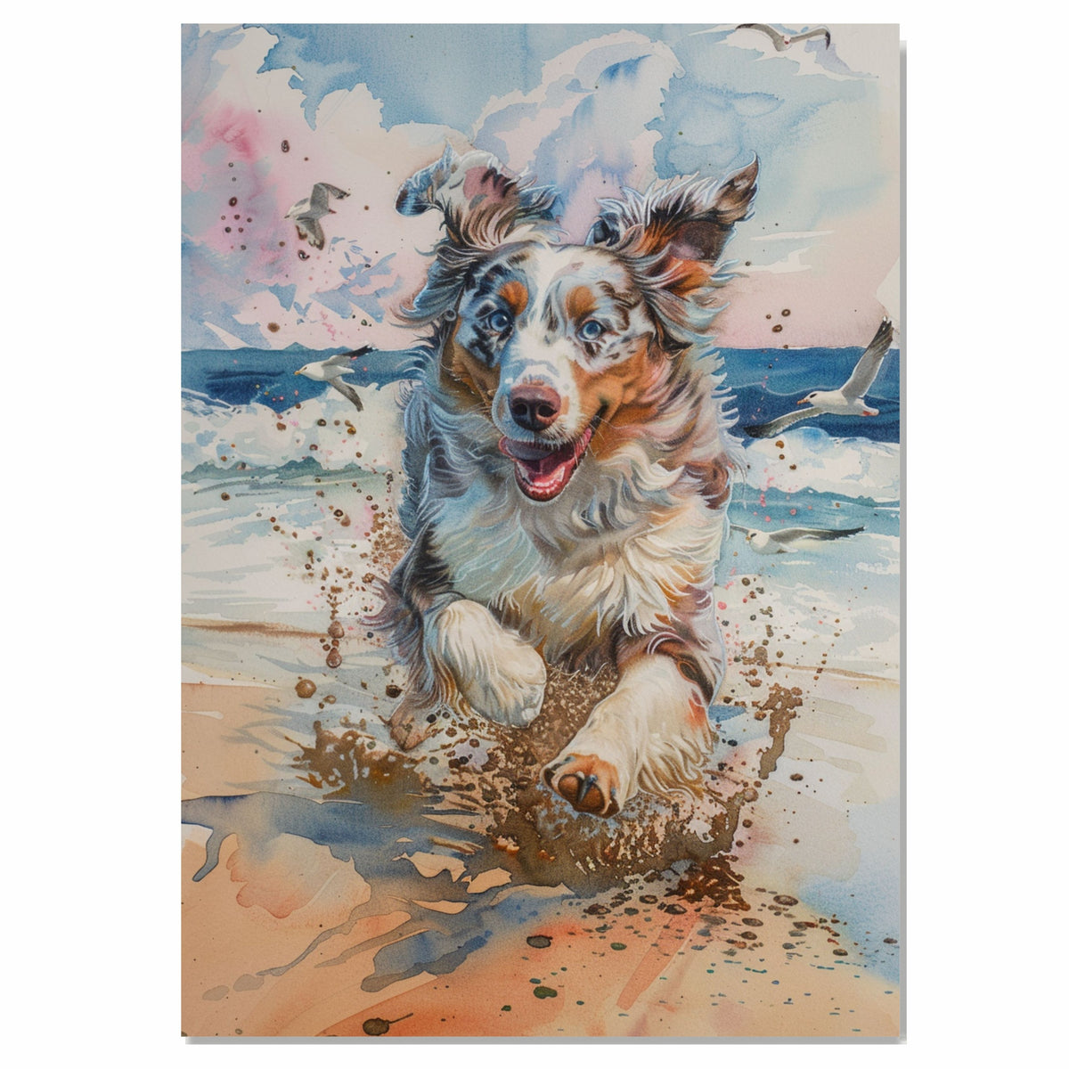 Watercolor Painting of a Fluffy Dog Running on the Beach with Splashes of Sand and Ocean Waves under a Pastel Sunset Sky on Ready to Hang 1.5" Thick Canvas Wrap, Floating Framed Canvas, Flat Rolled Canvas