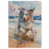 Watercolor Painting of a Fluffy Dog Running on the Beach with Splashes of Sand and Ocean Waves under a Pastel Sunset Sky on Ready to Hang 1.5" Thick Canvas Wrap, Floating Framed Canvas, Flat Rolled Canvas