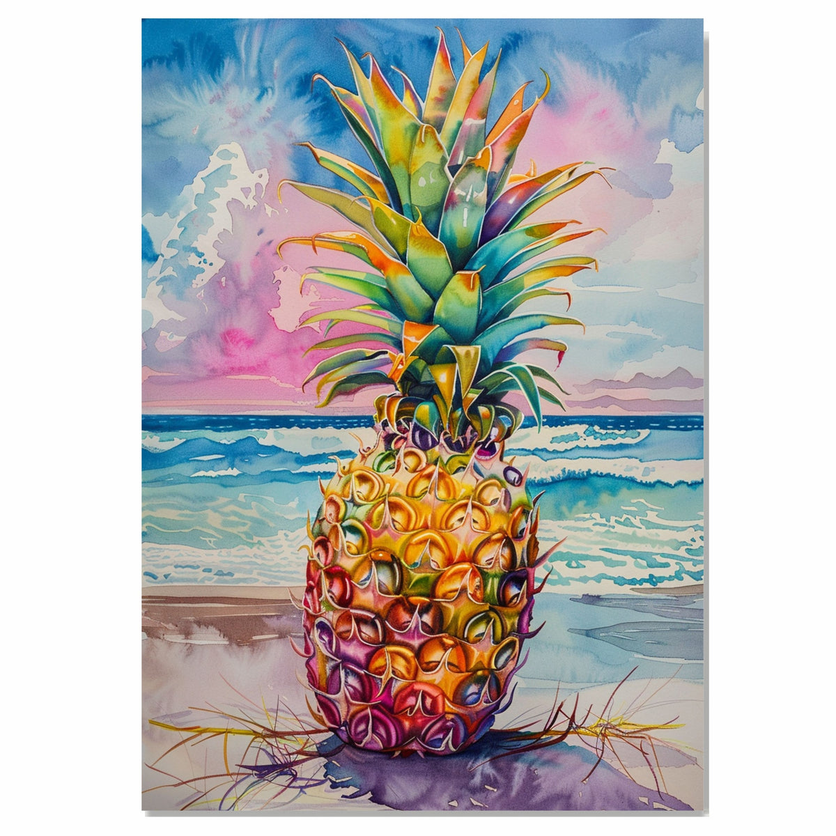Watercolor Painting of Bright Pineapple with Tropical Ocean Waves and Colorful Sunset Sky on Ready to Hang 1.5" Thick Canvas Wrap, Floating Framed Canvas, Flat Rolled Canvas