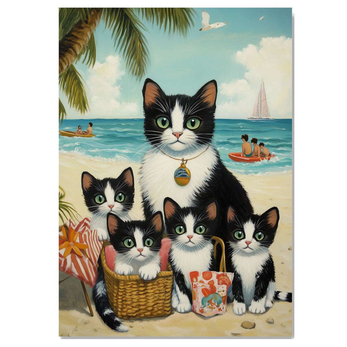 Sun-Kissed Whiskers: Tuxedo Cat Mom and Four Kittens by the Tropical Shore on Ready to Hang 1.5" Thick Canvas Wrap, Floating Framed Canvas, Flat Rolled Canvas