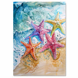 Colorful Watercolor Painting of Starfish on a Sandy Shoreline with Ocean Waves on Ready to Hang 1.5" Thick Canvas Wrap, Floating Framed Canvas, Flat Rolled Canvas