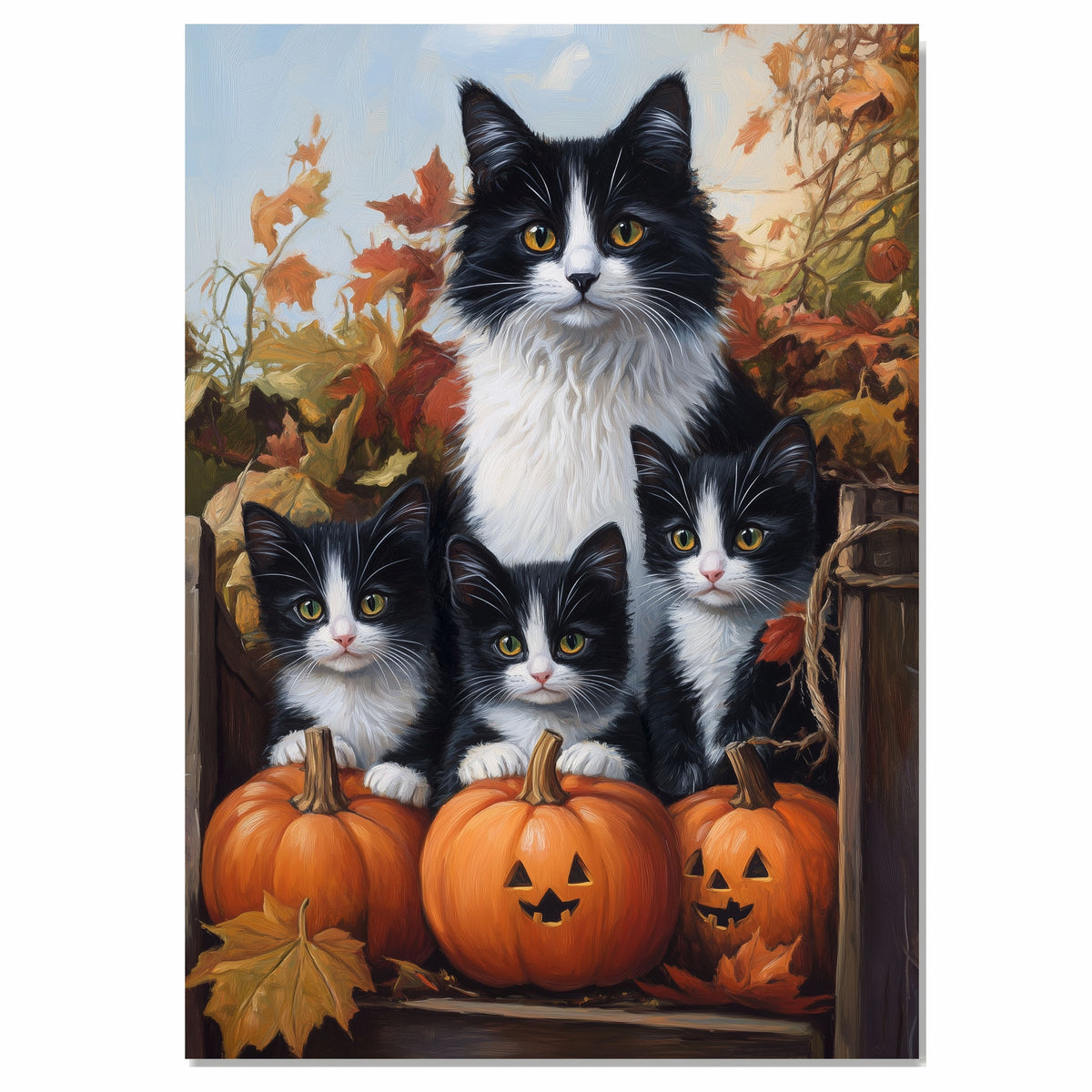 Cozy Fall Gathering: Tuxedo Cat Mom and Three Kittens with Pumpkin on Ready to Hang 1.5" Thick Canvas Wrap, Floating Framed Canvas, Flat Rolled Canvas