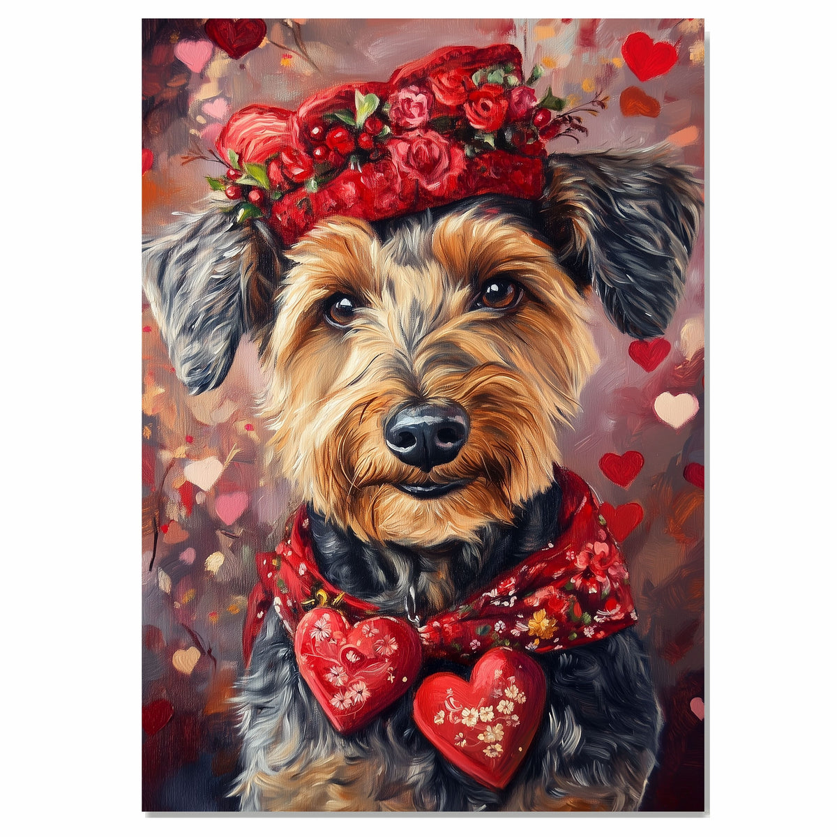 Love in Bloom: Airedale Dog Wearing a Red Hat with a Heartfelt Touch - Romantic Valentine's Painting on Ready to Hang 1.5" Thick Canvas Wrap, Floating Framed Canvas, Flat Rolled Canvas