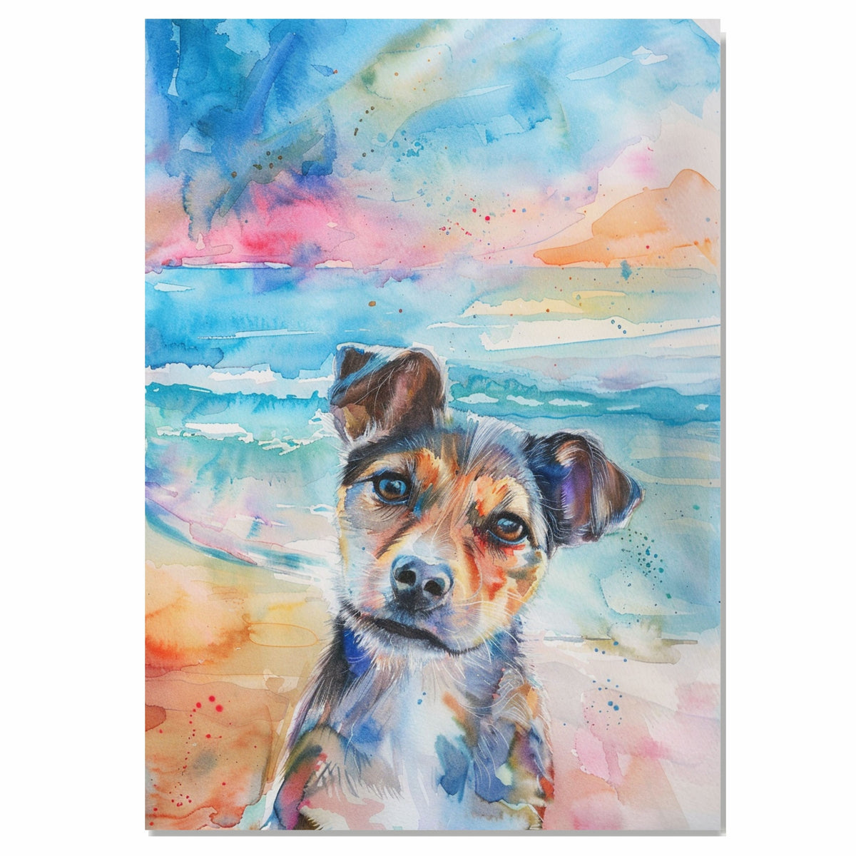 Watercolor Painting of a Multicolored Dog on the Beach – Closeup Coastal Pet Portrait Art Print on Ready to Hang 1.5" Thick Canvas Wrap, Floating Framed Canvas, Flat Rolled Canvas