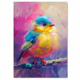 Charming Baby Bird with Blue Feathers and Pink Yellow Plumage Sitting on Branch Painted in Dreamy Pastel Strokes for Serene Colorful Interiors on Ready to Hang 1.5" Thick Canvas Wrap, Floating Framed Canvas, Flat Rolled Canvas