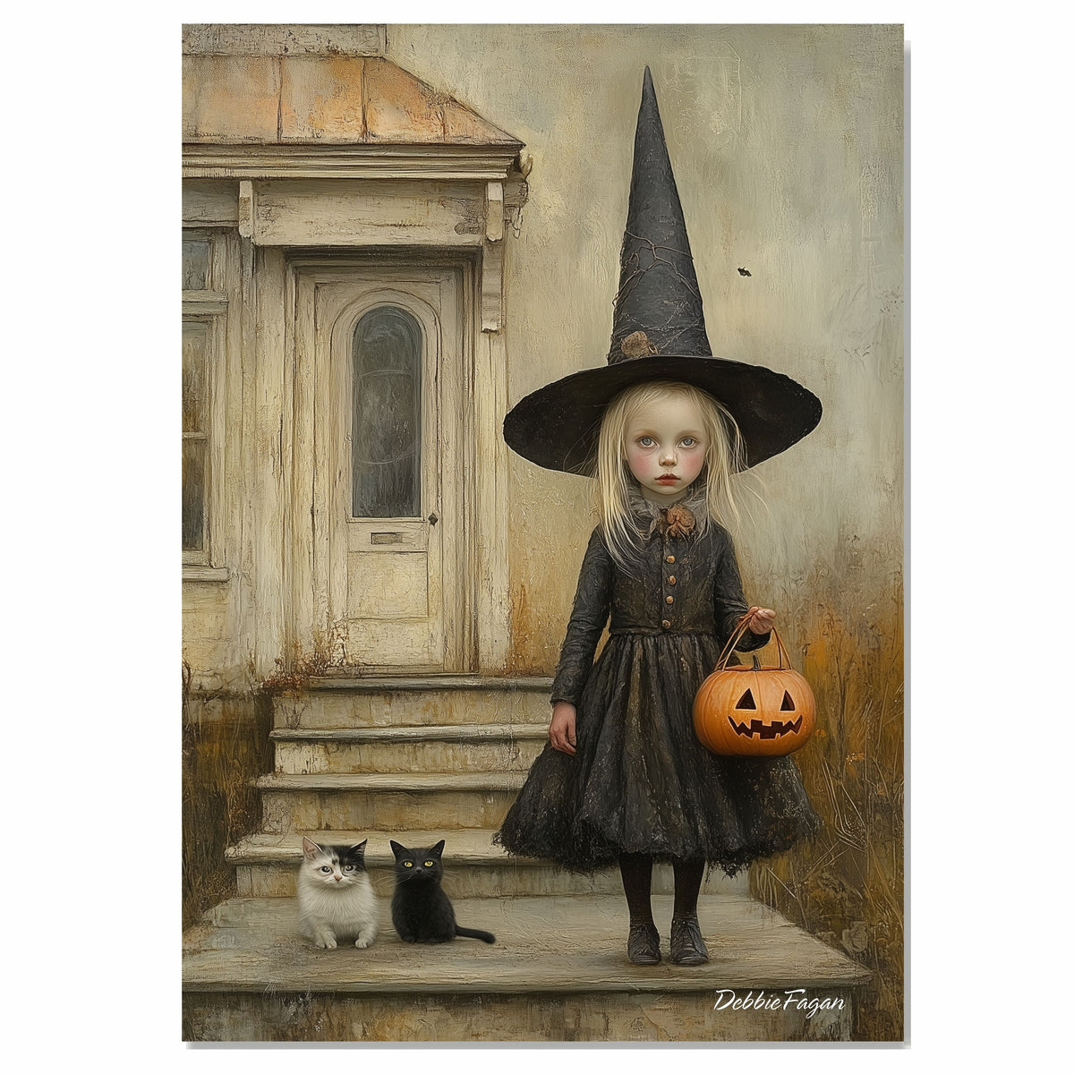 Little Witch Girl with Pumpkin and Cats on Porch – Whimsical Halloween Folk Art Illustration on Ready to Hang 1.5" Thick Canvas Wrap, Floating Framed Canvas, Flat Rolled Canvas