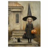 Little Witch Girl with Pumpkin and Cats on Porch – Whimsical Halloween Folk Art Illustration on Ready to Hang 1.5" Thick Canvas Wrap, Floating Framed Canvas, Flat Rolled Canvas
