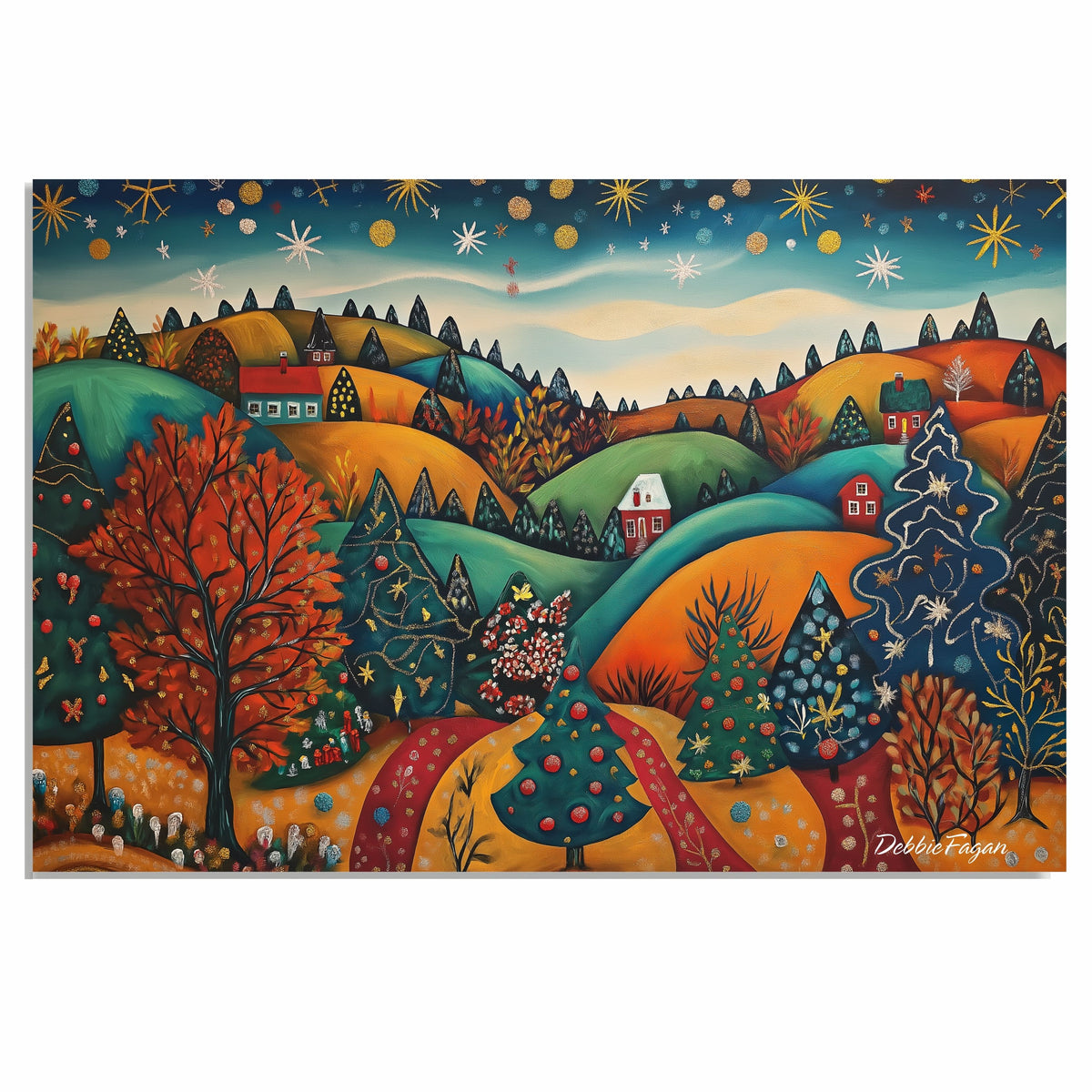 Vibrant Christmas Village with Decorated Trees and Rolling Hills – Festive Folk Art Landscape on Ready to Hang 1.5" Thick Canvas Wrap, Floating Framed Canvas, Flat Rolled Canvas
