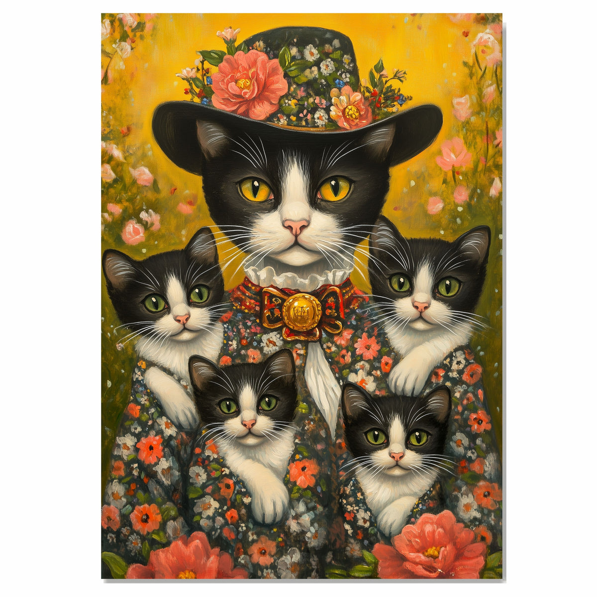 Graceful Blooms: Tuxedo Cat Mom in Victorian Attire Carrying Four Kittens on Ready to Hang 1.5" Thick Canvas Wrap, Floating Framed Canvas, Flat Rolled Canvas