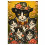 Graceful Blooms: Tuxedo Cat Mom in Victorian Attire Carrying Four Kittens on Ready to Hang 1.5" Thick Canvas Wrap, Floating Framed Canvas, Flat Rolled Canvas