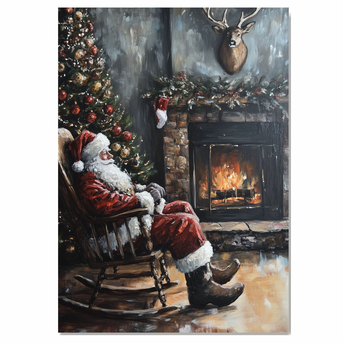 Santa Claus Relaxing in Rocking Chair by Fireplace, Vintage Christmas Scene with Tree, Garland, Stocking and Mounted Deer in Rustic Holiday Setting on Ready to Hang 1.5" Thick Canvas Wrap, Floating Framed Canvas, Flat Rolled Canvas