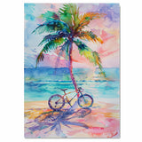 Watercolor Painting of Palm Tree and Bicycle on Beach with Ocean Sunset Background on Ready to Hang 1.5" Thick Canvas Wrap, Floating Framed Canvas, Flat Rolled Canvas