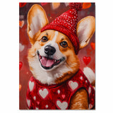 Sweetheart Charm: Corgi in a Red Heart-Adorned Top and Hat Endearing Romantic Painting on Ready to Hang 1.5" Thick Canvas Wrap, Floating Framed Canvas, Flat Rolled Canvas