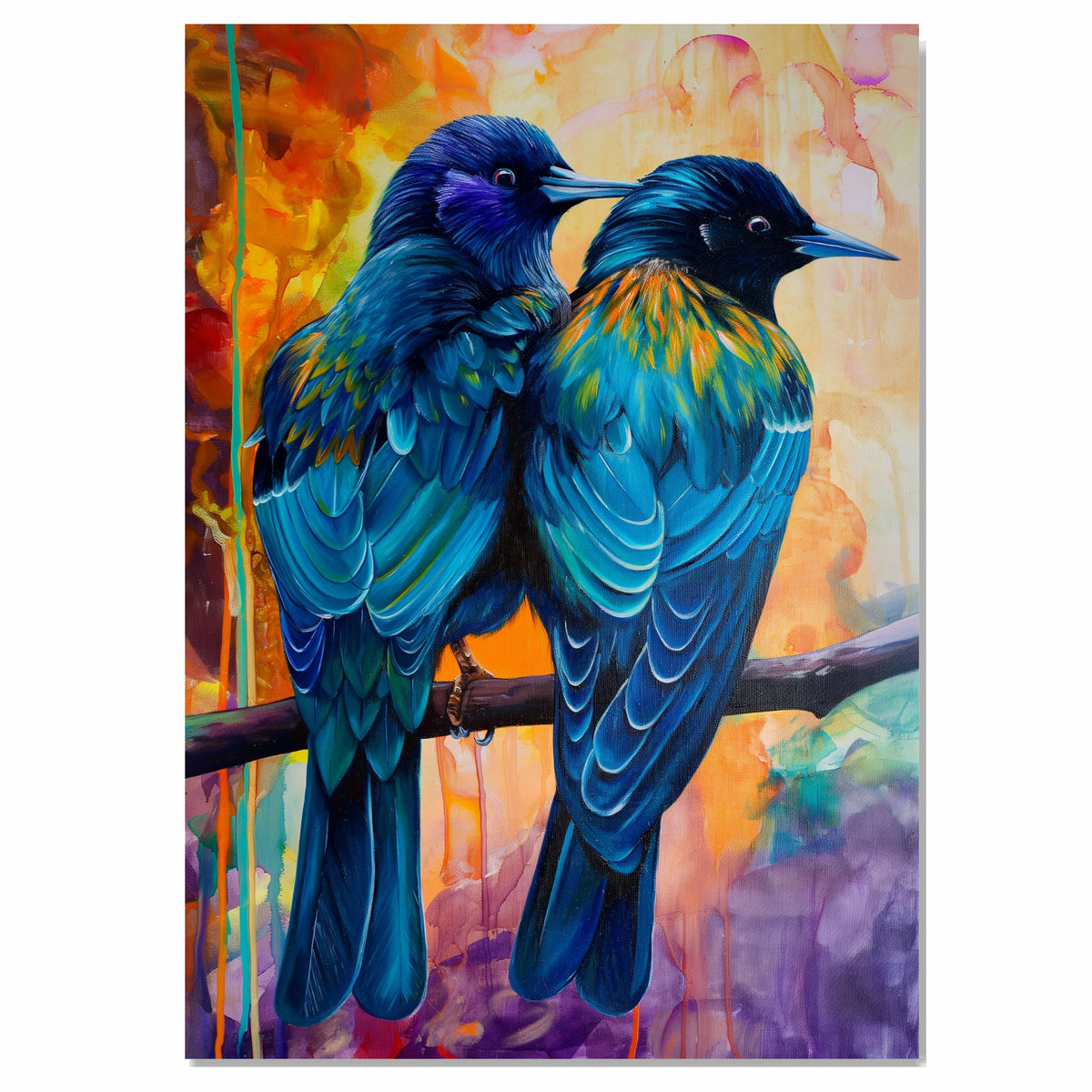 Vibrant Bird Pair Artwork Featuring Deep Blue and Teal Feathers with Hints of Gold on a Branch Against a Bold Abstract Background in Fiery Warm and Cool Tones on Ready to Hang 1.5" Thick Canvas Wrap, Floating Framed Canvas, Flat Rolled Canvas
