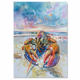 Watercolor Painting of a Vibrant Lobster on the Beach with Ocean Waves and Dramatic Sky in Coastal Marine Style on Ready to Hang 1.5" Thick Canvas Wrap, Floating Framed Canvas, Flat Rolled Canvas