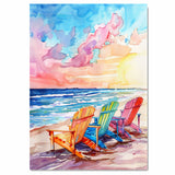 Watercolor Painting of Vibrant Rainbow Beach Chairs Facing Ocean Waves Beneath a Dramatic Sunset Sky on Ready to Hang 1.5" Thick Canvas Wrap, Floating Framed Canvas, Flat Rolled Canvas