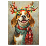 Beagle Christmas Charm - 'Rustic Snuggles' - Beagle Dog with Lighted Antlers & Festive Scarf on Rustic Canvas, Ready to Hang 1.5" Thick Canvas Wrap, Floating Framed Canvas, Flat Rolled Canvas