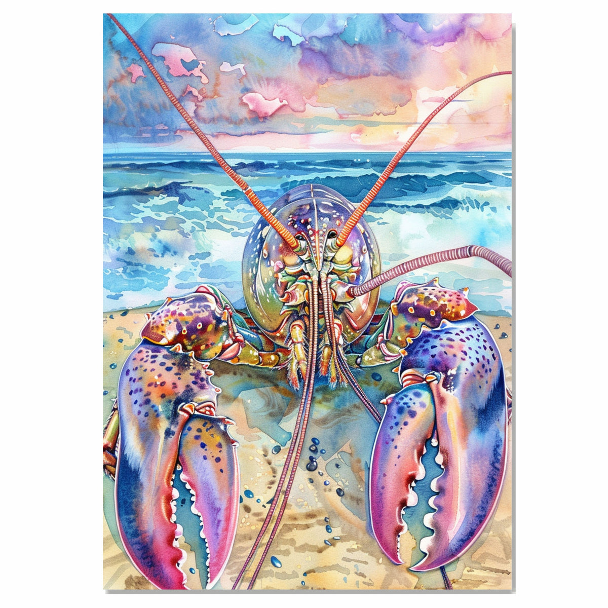 Watercolor Painting of a Colorful Lobster Facing Ocean Waves Under a Vibrant Coastal Sky at Sunset on Ready to Hang 1.5" Thick Canvas Wrap, Floating Framed Canvas, Flat Rolled Canvas