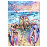 Watercolor Painting of a Colorful Lobster Facing Ocean Waves Under a Vibrant Coastal Sky at Sunset on Ready to Hang 1.5" Thick Canvas Wrap, Floating Framed Canvas, Flat Rolled Canvas