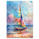 Watercolor Painting of Multicolored Sailboat on Ocean Waves with Birds and Beach Reflections on Ready to Hang 1.5" Thick Canvas Wrap, Floating Framed Canvas, Flat Rolled Canvas