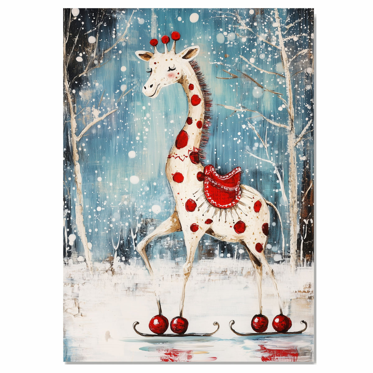 Whimsical Christmas Giraffe Ice Skating in Snowy Forest with Red Polka Dots and Festive Saddle – Unique Holiday Animal Art Perfect for Winter Decor or Gifts on Ready to Hang 1.5" Thick Canvas Wrap, Floating Framed Canvas, Flat Rolled Canvas