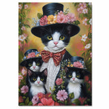 Victorian Grace: Tuxedo Cat Mom Carrying Three Kittens in a Floral Ensemble on Ready to Hang 1.5" Thick Canvas Wrap, Floating Framed Canvas, Flat Rolled Canvas