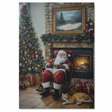 Santa Claus Sitting in a Rocking Chair Beside Fireplace and Christmas Tree with Gifts and Orange Cat in a Warm Holiday Living Room with Garland and Framed Snowy Art on Ready to Hang 1.5" Thick Canvas Wrap, Floating Framed Canvas, Flat Rolled Canvas