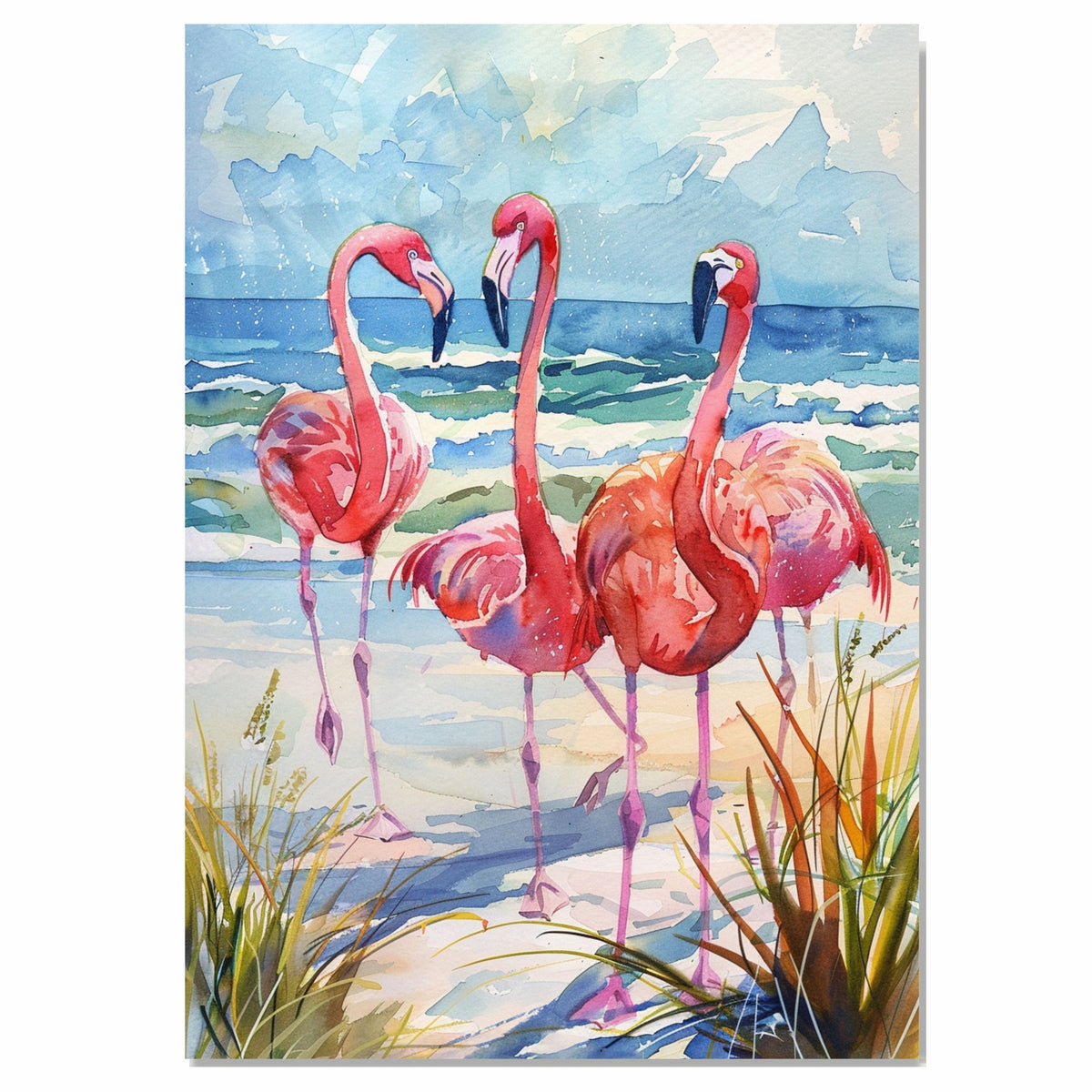 Vibrant Flamingos on Beach with Ocean Waves and Coastal Grasses in Watercolor Seaside Illustration on Ready to Hang 1.5" Thick Canvas Wrap, Floating Framed Canvas, Flat Rolled Canvas