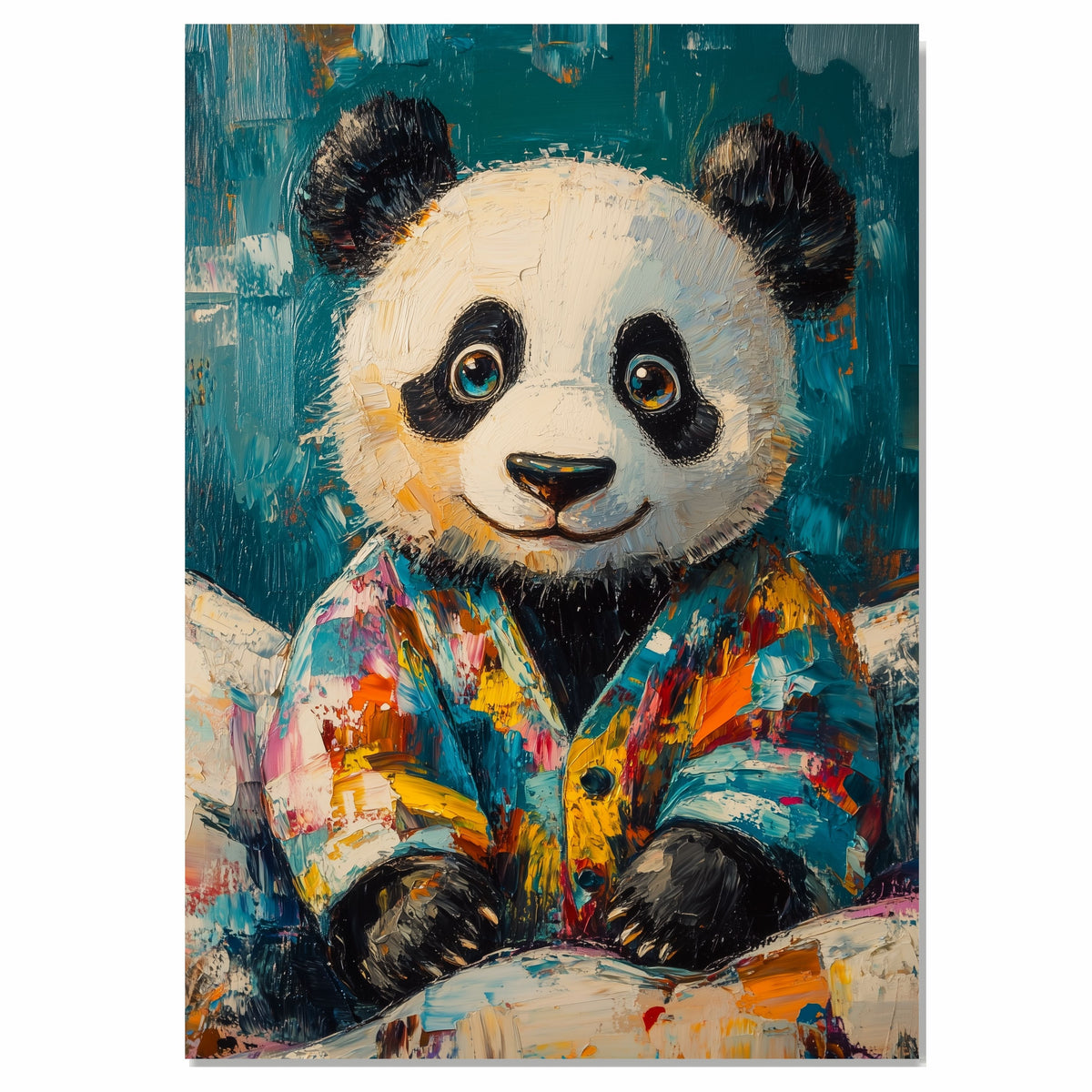 Expressive Painting of a Cute Panda Bear in a Colorful Jacket Sitting Peacefully with a Gentle Smile in a Bold Textured Style on Ready to Hang 1.5" Thick Canvas Wrap, Floating Framed Canvas, Flat Rolled Canvas