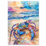 Watercolor Painting of a Multicolored Crab at the Beach – Coastal Sea Life Art Print with Sunset Ocean Background on Ready to Hang 1.5" Thick Canvas Wrap, Floating Framed Canvas, Flat Rolled Canvas