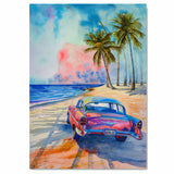 Retro Car Watercolor Painting Driving on Beach Road with Palm Trees and Colorful Ocean Sunset on Ready to Hang 1.5" Thick Canvas Wrap, Floating Framed Canvas, Flat Rolled Canvas