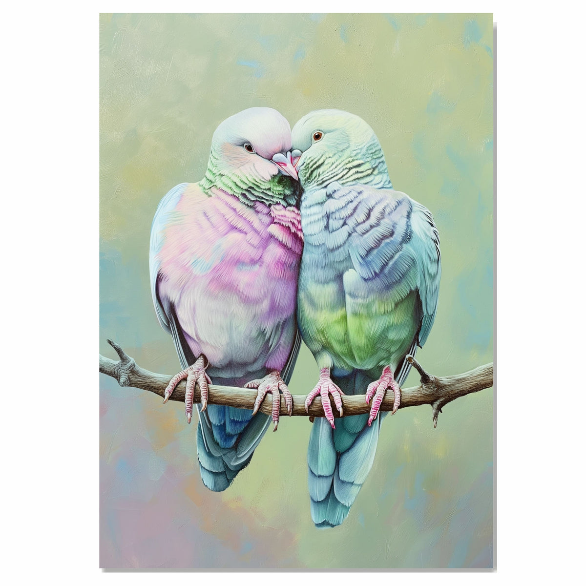 Colorful Lovebirds Sharing a Tender Moment on a Branch with Soft Pastel Background on Ready to Hang 1.5" Thick Canvas Wrap, Floating Framed Canvas, Flat Rolled Canvas