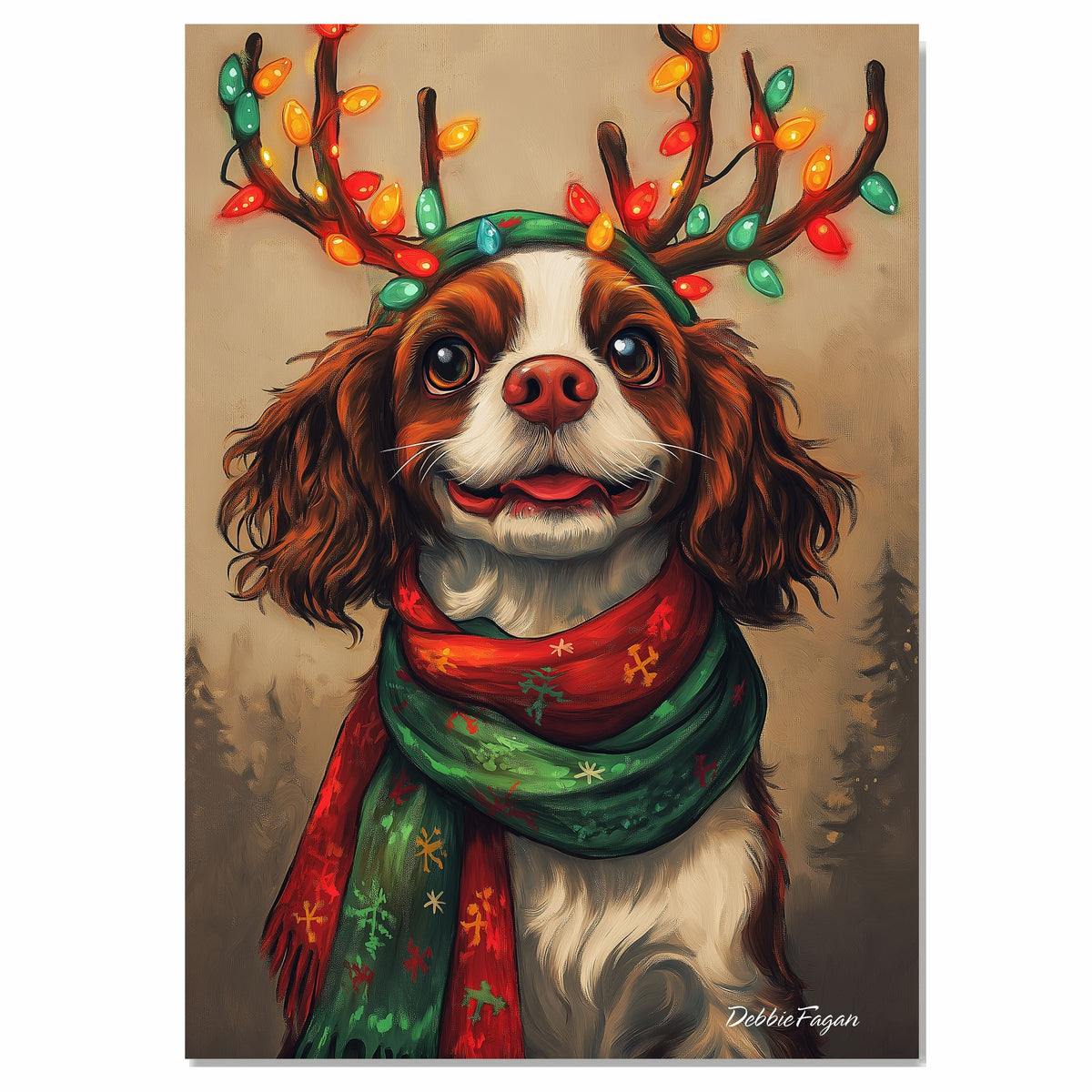 "Forest Frost" - Cavalier King Charles Dog with Lighted Antlers & Festive Scarf in Snowy Forest, Ready to Hang 1.5" Thick Canvas Wrap, Floating Framed Canvas, Flat Rolled Canvas