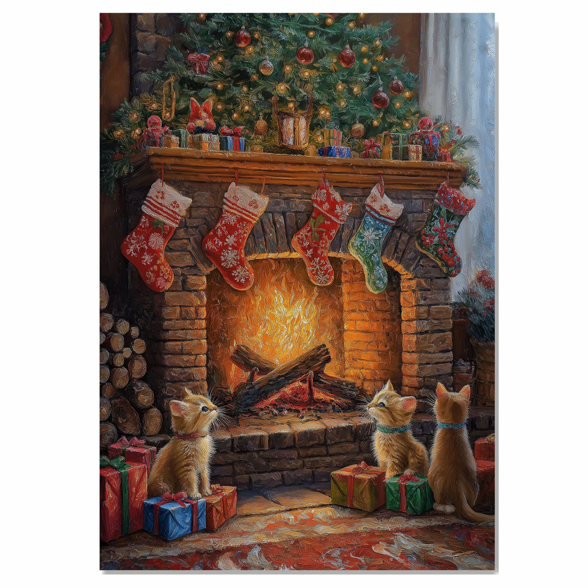 Christmas Kittens by Fireplace with Stockings and Gifts Festive Holiday Scene Cozy Winter Decoration Perfect for Home Living Room Bedroom or Seasonal Gift on Ready to Hang 1.5" Thick Canvas Wrap, Floating Framed Canvas, Flat Rolled Canvas
