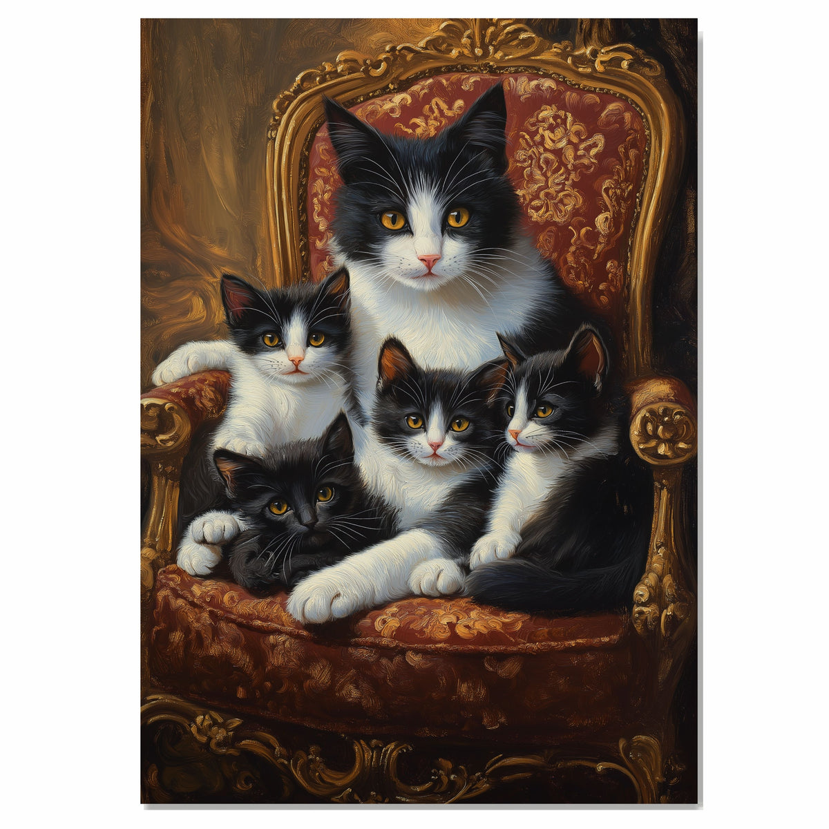 Elegant Victorian Gathering: Tuxedo Cat Mom with Four Kittens on a European Sofa on Ready to Hang 1.5" Thick Canvas Wrap, Floating Framed Canvas, Flat Rolled Canvas