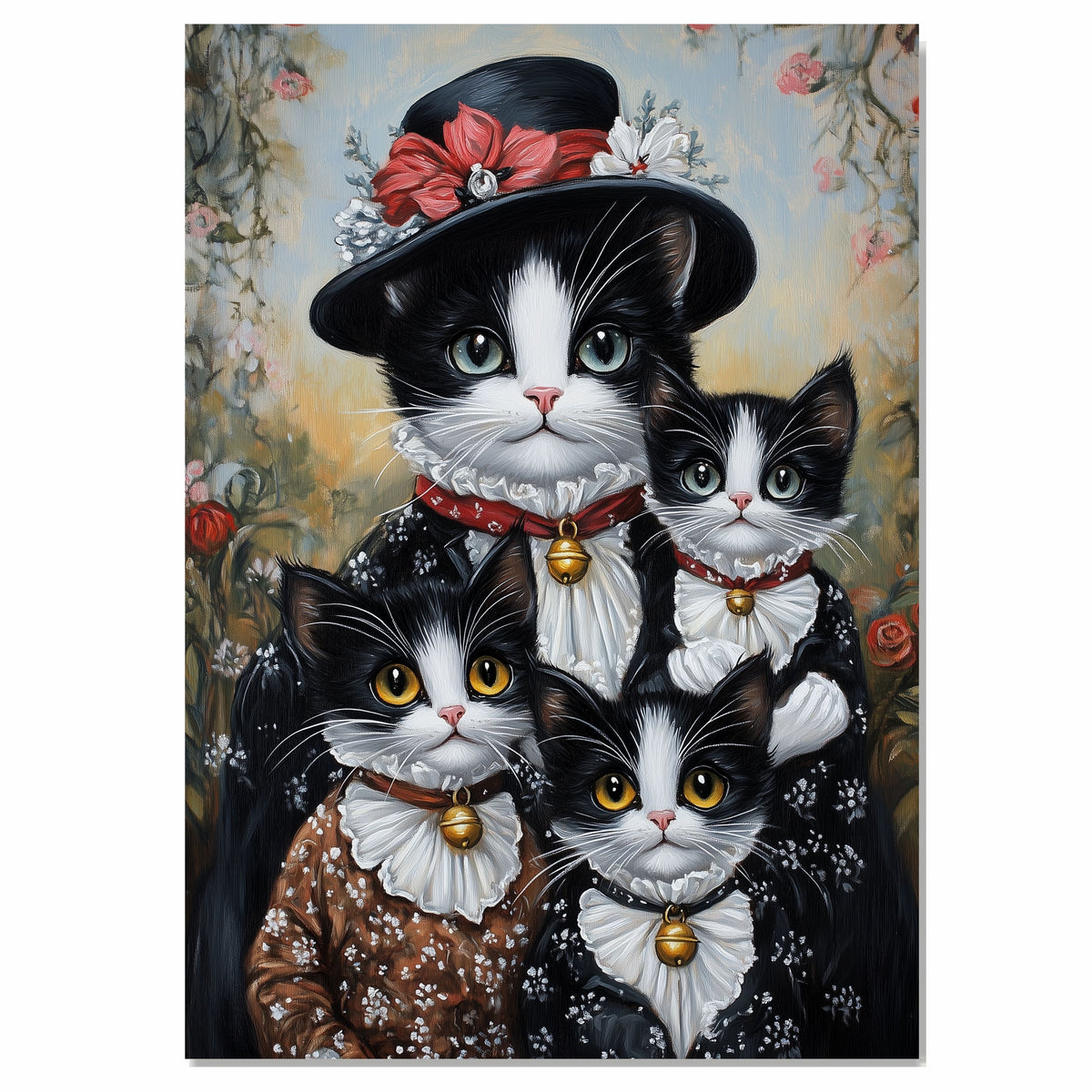 Victorian Springtime: Tuxedo Cat Mom and Three Kittens in Floral Dresses on Ready to Hang 1.5" Thick Canvas Wrap, Floating Framed Canvas, Flat Rolled Canvas