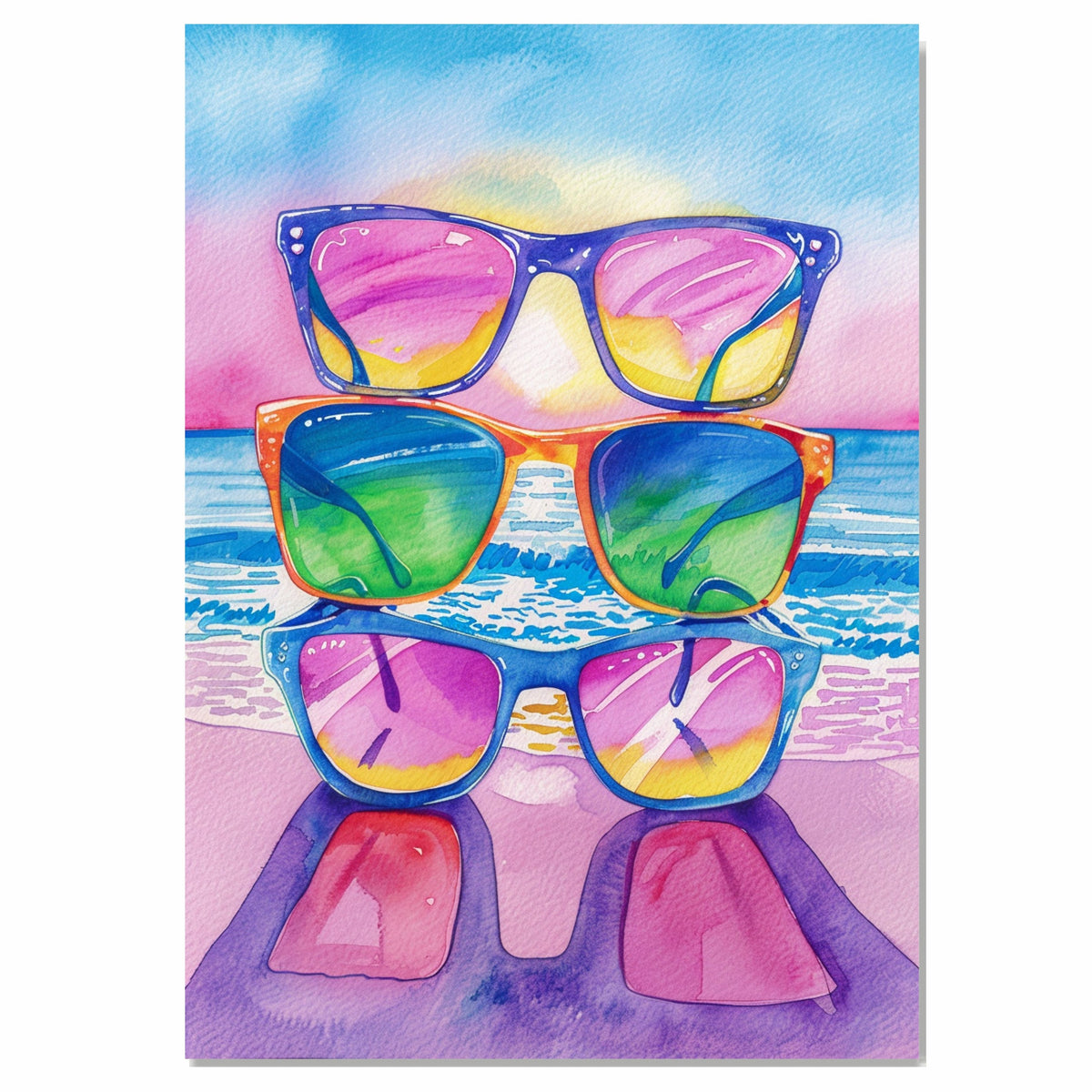 Watercolor Art of Three Vibrant Sunglasses Reflecting Ocean Sunset on a Tropical Beach in Summer Colors on Ready to Hang 1.5" Thick Canvas Wrap, Floating Framed Canvas, Flat Rolled Canvas